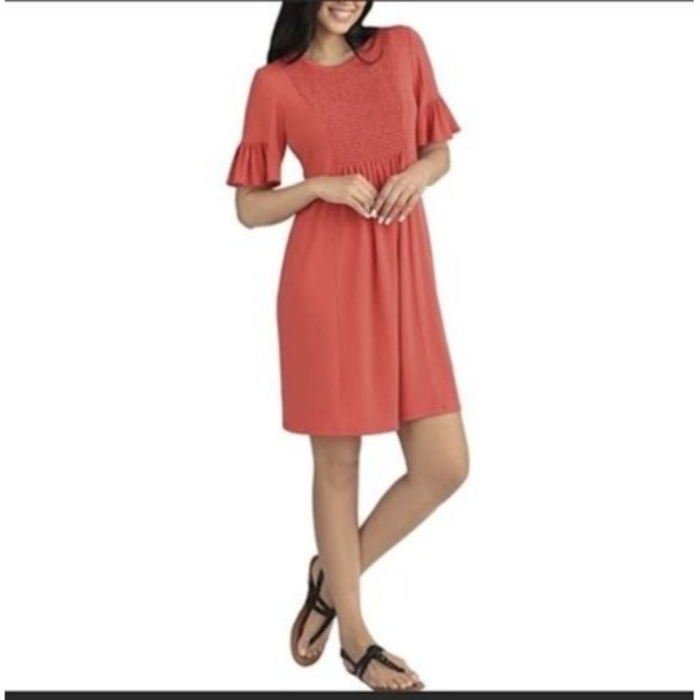 NWT London Times Smocked Bust Mini Dress In Coral Ruffled Sleeves Crew Neck SZ 4
